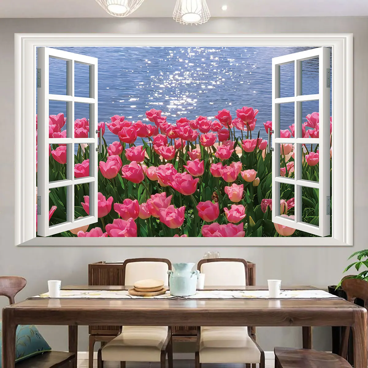 1 piece outdoor pink tulip self-adhesive removable wall sticker PVC sticker, waterproof and moisture-proof