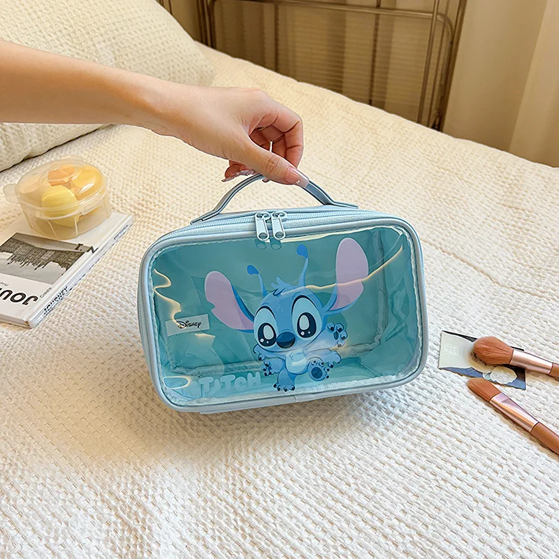 Anime Disney Cute Blue Stitch Rose Red Lotso PVC Transparent Portable Toiletry Storage Bag Large Capacity Cosmetic Bag for Girl