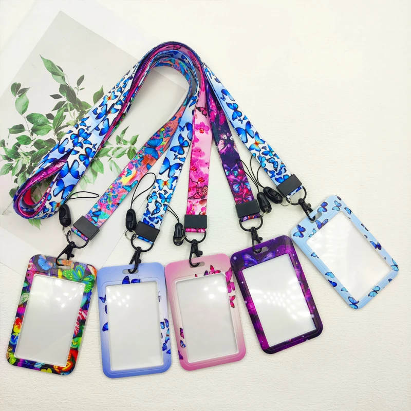 Butterfly ID Card Holders Lanyards Girls Door Card Case Hanging Rope Women Badge Holder Neck Strap Business Card Gift