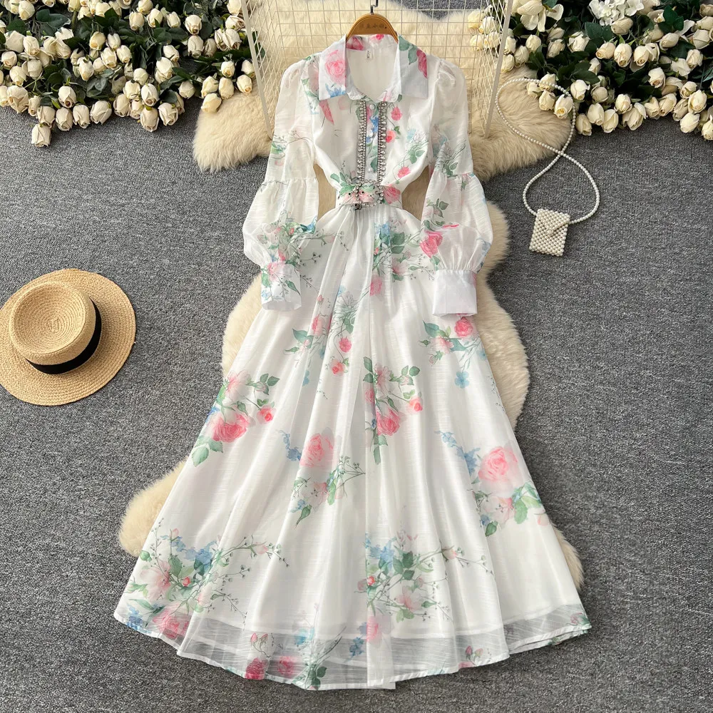 Spring French Elegant Diamond Studded Printed Long Sleeved Dress for Women with A Cinched Waist Rustic Style Dress S533