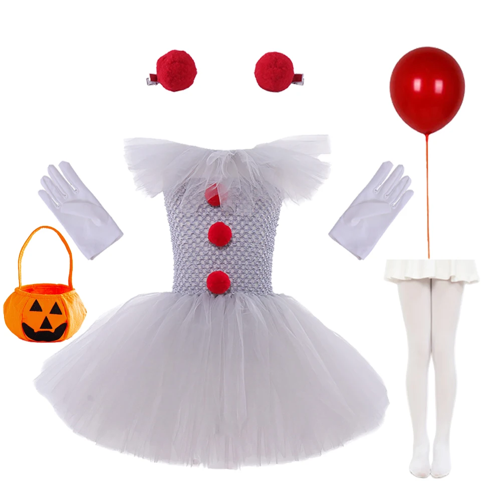 Clown Costume Girls Carnival Party Fancy Gray Joker Tutu Dress Up Outfit Creepy Joker Cosplay Halloween Costume for Kids Clothes