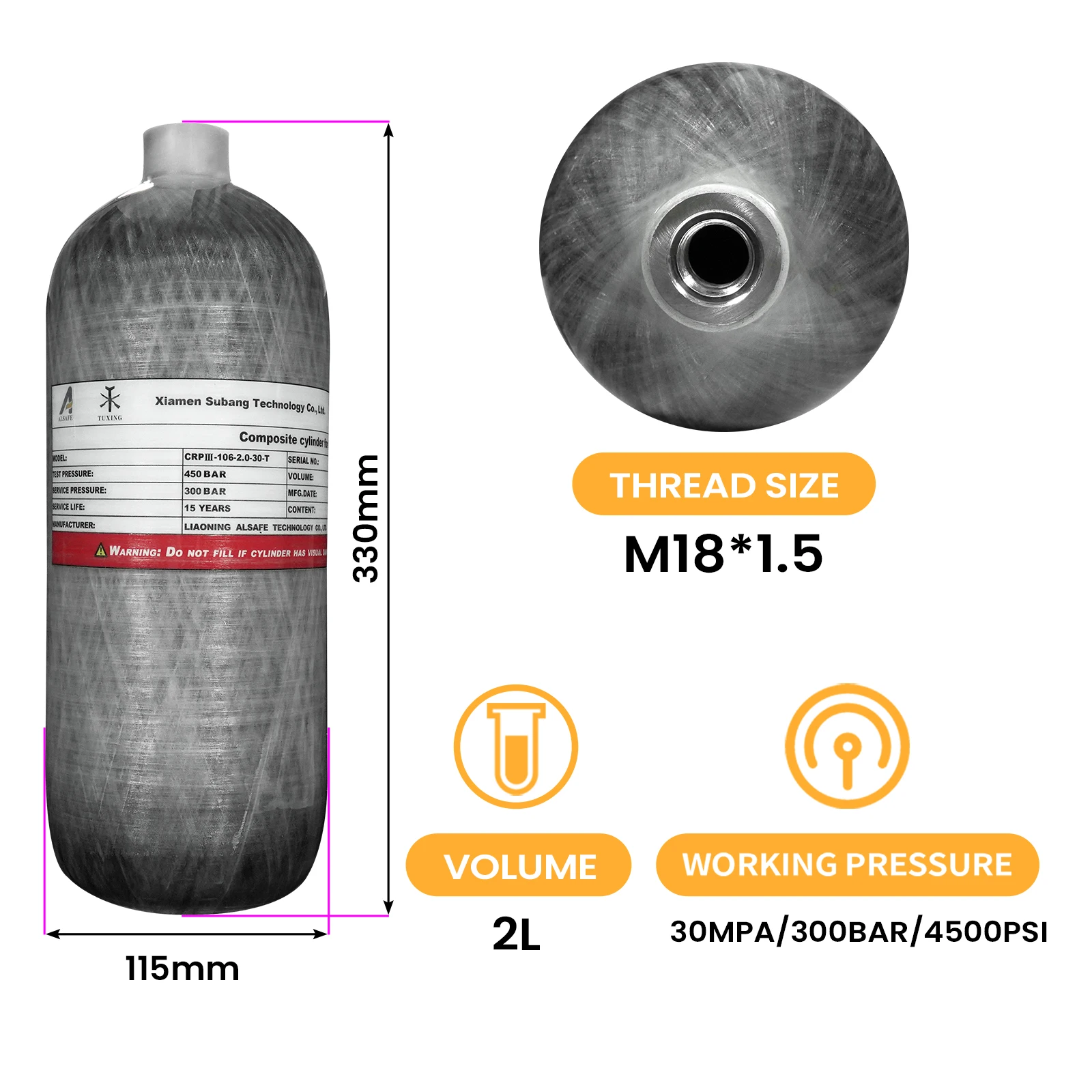 TUXING 300Bar 2L Carbon Fiber Cylinder 4500psi High Pressure Fill Station Tank with Regulator Gauge Scuba Diving Thread M18*1.5