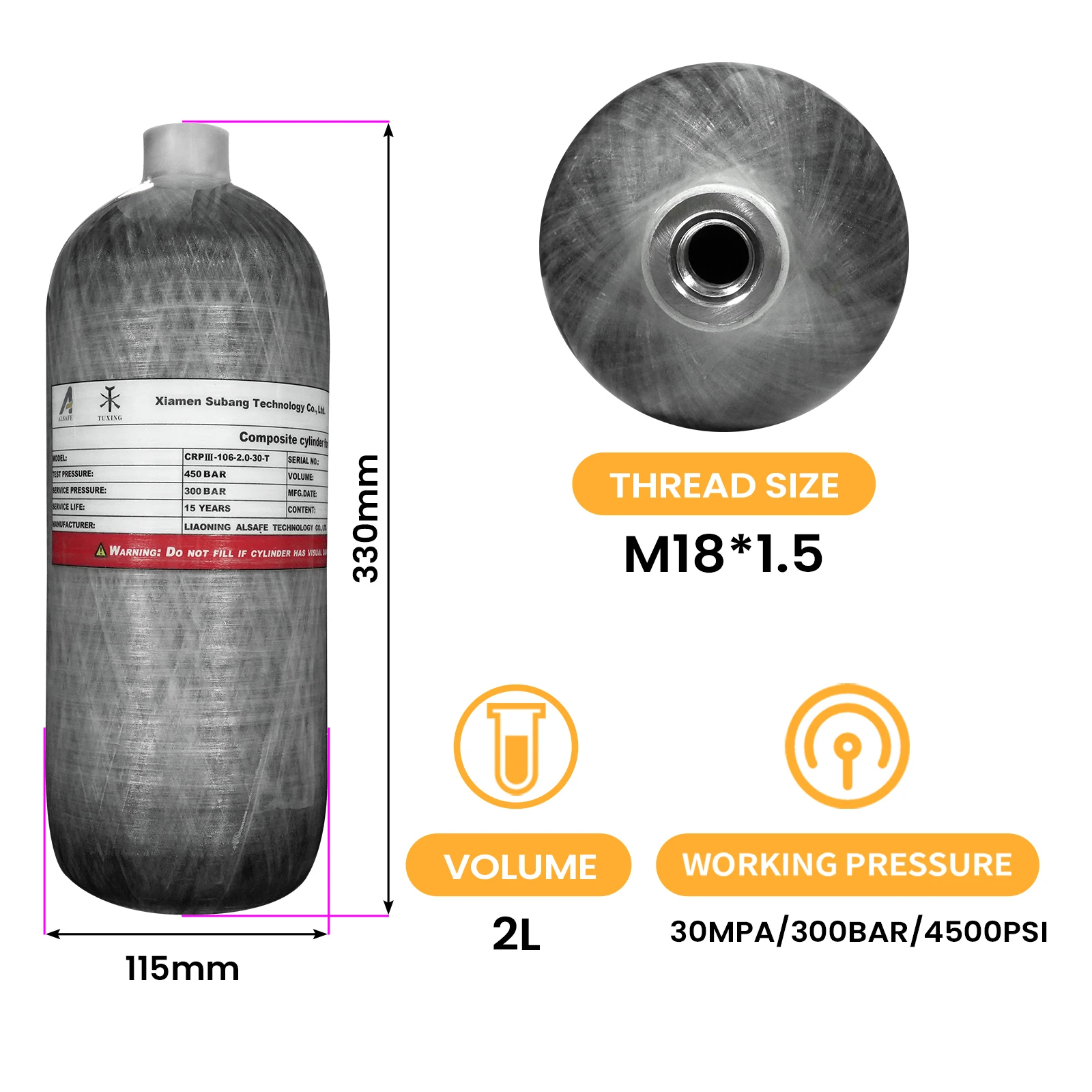 Imagem -04 - Tuxing-cilindros de Fibra de Carbono o Combate a Incêndios Tanque de Mergulho M18 x 1.5 6.8l 3l 2l 4500psi 300bar de Alta Pressã