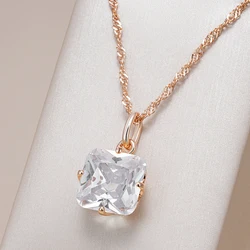 Kinel Hot Big Square Pendant Necklace For Women Fashion 585 Rose Gold Color Shiny White Natural Zircon Accessories Daily Jewelry