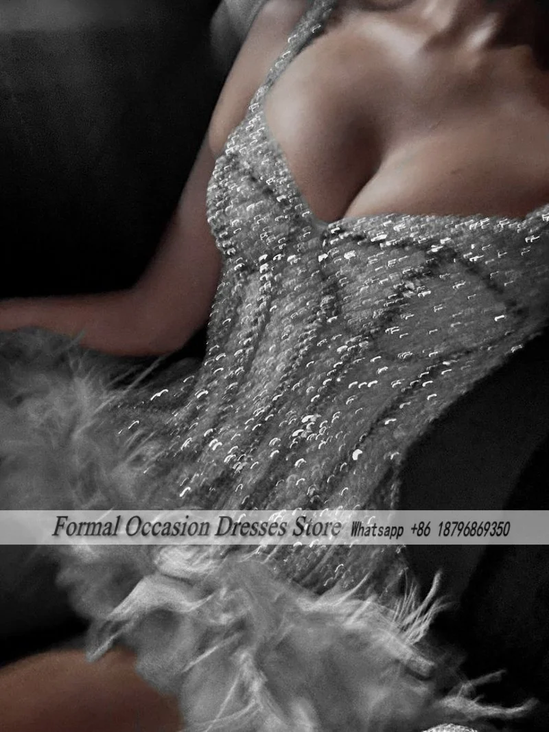 Luxury Silver Birthday Dresses Beading Feathers Party Outfits Short Minii Graduation Dress Homecoming Gowns  Customized