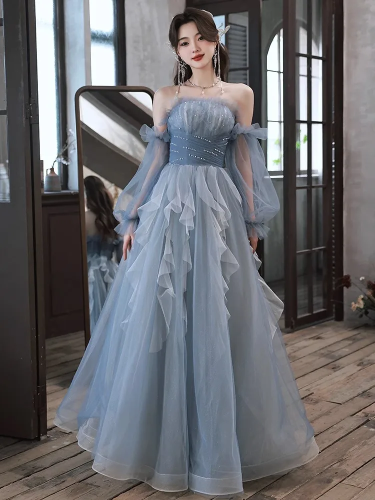 Vestidos de Noche de malla de lentejuelas azules para mujer, vestido de fiesta de manga larga lujoso de verano para boda, serie Sen, vestido de graduación para estudiantes, nuevo