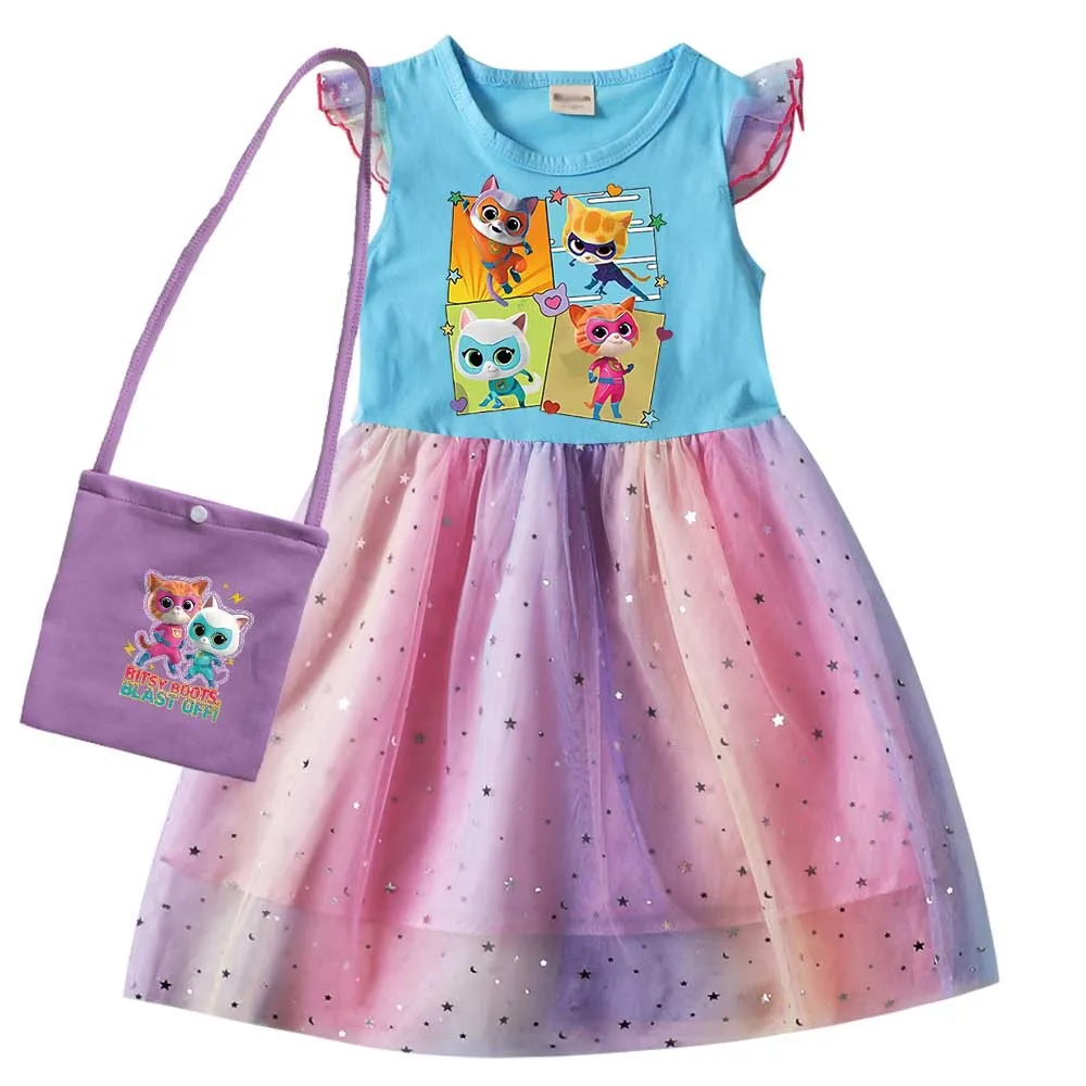 Robe trapèze à manches volantes avec sac et bande de sauna pour enfants, costume de cosplay pour enfants, vêtements Super Kitties, sourire, filles