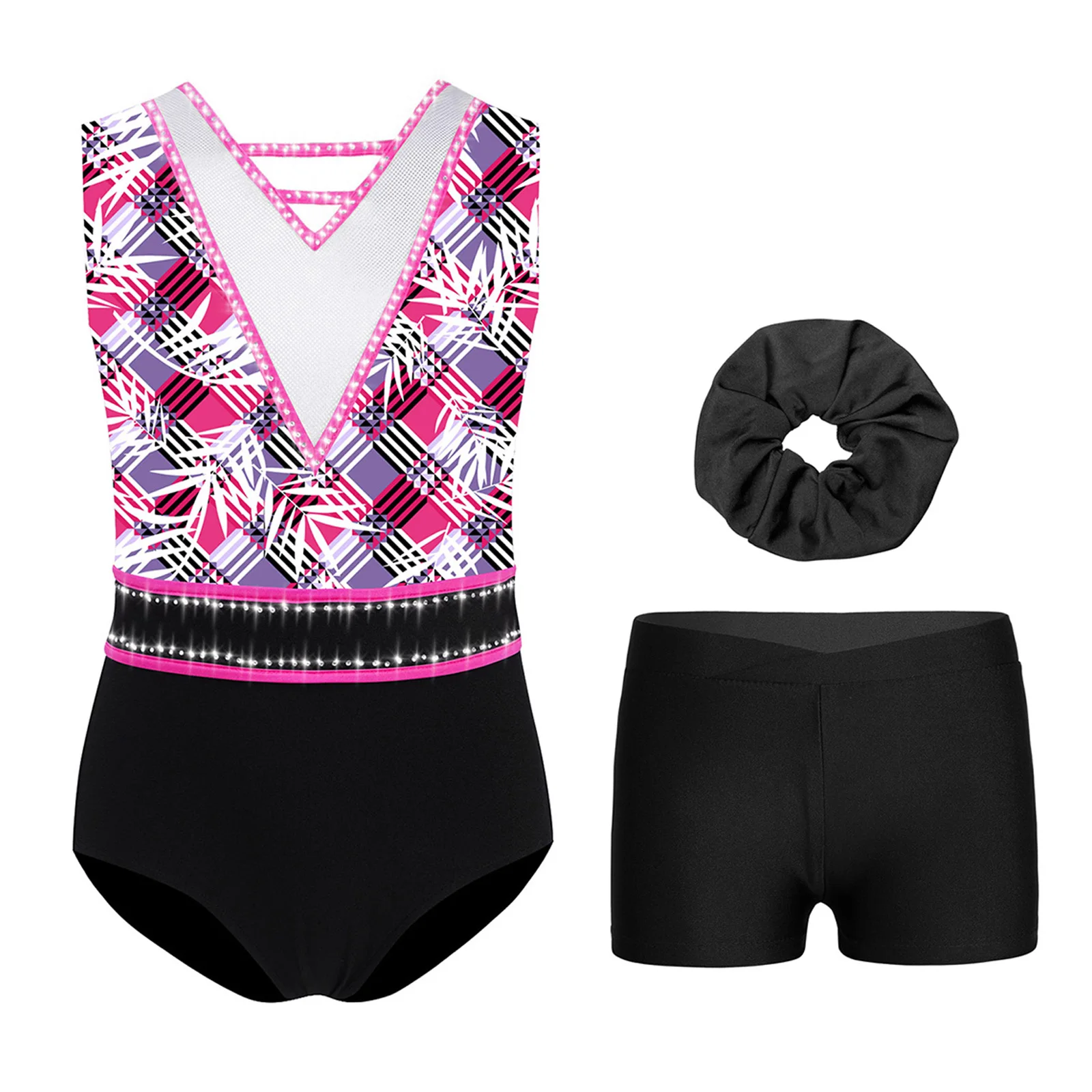 Kids Girls Ballet Dance Sets Gymnastics Outfit U-Back Sleeveless Rhinestone Stylish Printed Leotard with Shorts and Hairband
