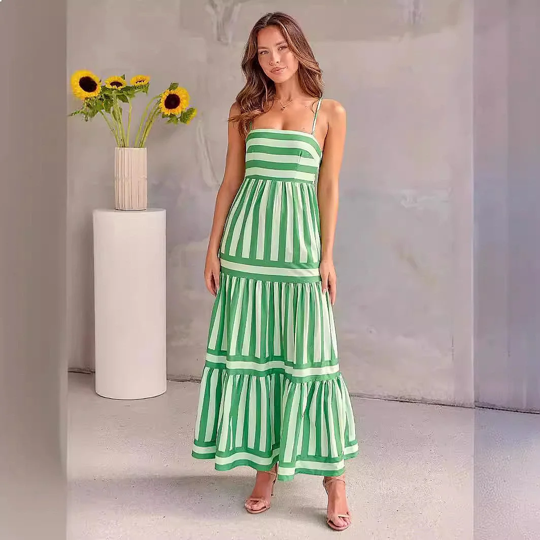 Striped Burnout Bust Support Adjustable Strap Maxi Dress Jumpsuit Playsuit Matching Set Summer Spring