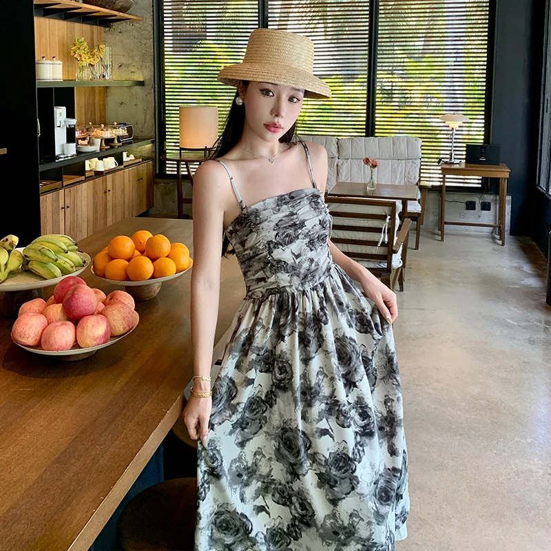 

Vintage Shivering Print Midi Dress Sleeveless Spaghetti Strap Backless Causal Beach Holiday Dresses for Woemn 2024 New Summer