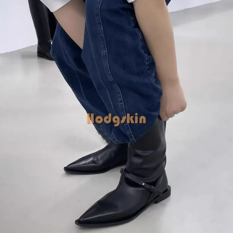 

Concise Pleated Mid-calf Boots Retro Pointed Toe Leather Sewing Low Heeled Slip-on Boots Women New ASutumn Casual Shoes 2024