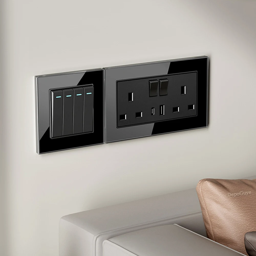 Black UK 13A Wall Socket with USB C 18W Quick Charge Plug Socket, Wall Power Outlet with USB Port, 1-4 Gang Wall Light Switch Pa image 3