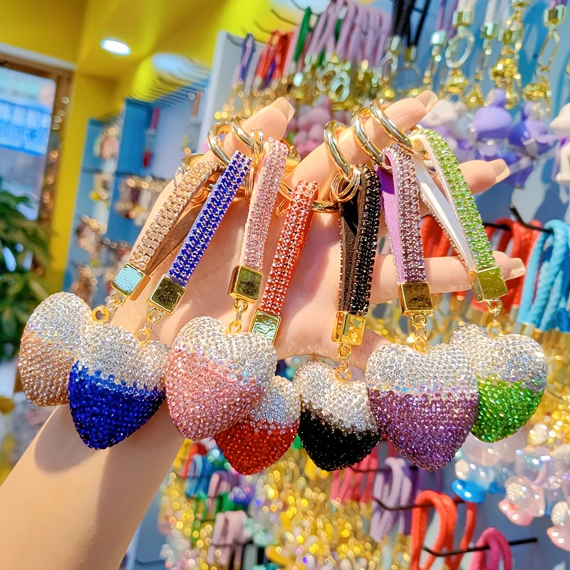 

1Pcs A Full Diamond Peach Heart Charm Shiny Crystal Heart Keychain Bag Car Key Decoration Mother's Day Gift