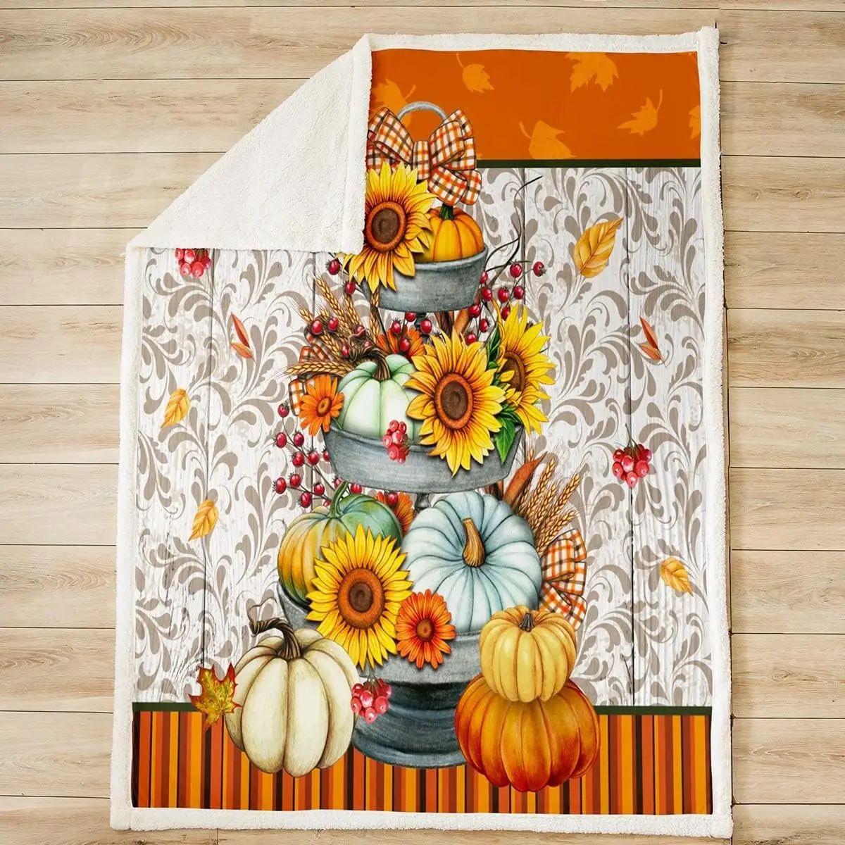 Fall Pumpkins Throw Blanket,Sunflowers Maple Leaves Thanksgiving Day Bed Blanket for Kids Boys Girls Adults,Wooden Plank