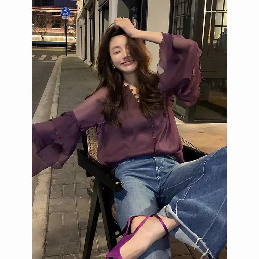 

2026 New French Style Purple Shirt For Women Elegant Ruffle Hem Flared Sleeve Loose Blouse Chic Top