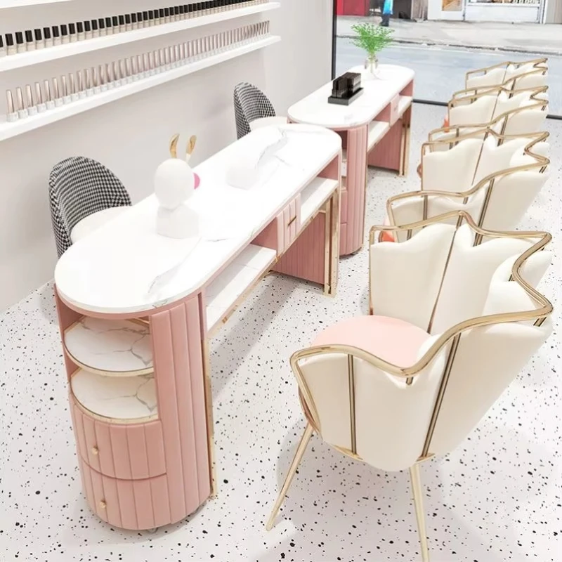 

Modern affordable pink manicure table with marble top and storage space