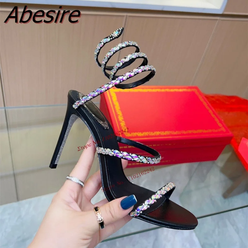 

Summer Open-Toed Colorful Diamond Winding High-Heeled Shoes Women'S Round Toe Stiletto Sandals Catwalk Wedding Shoes New 43/9CM