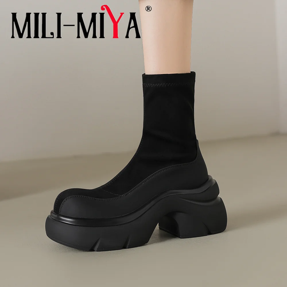MILI-MIYA 2026 New Women Genuine Leahter Patchwork Flock Ankle Boots Round Toe Side Zipper Platform Thick Dress Casual Shoes