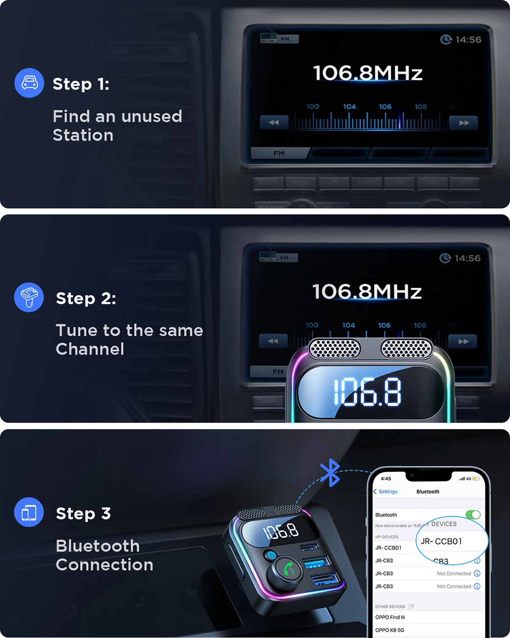 JOYROOM 81W Bluetooth 6.0 Auto-FM-Transmitter mit Doppelmikrofonen PD&QC 3.0 Auto-Schnellladegerät Adapter U-Disk Freisprechfunktion – Detail 8