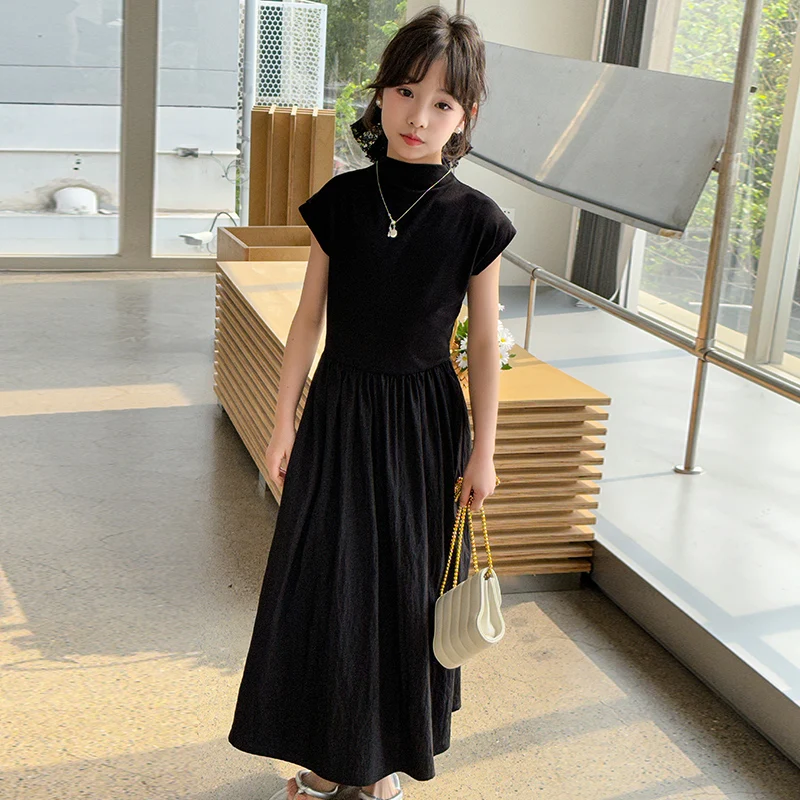 french design teenager girls long dress junior black Sleeveless high neckline pleats Princess dresses child kids formal clothes