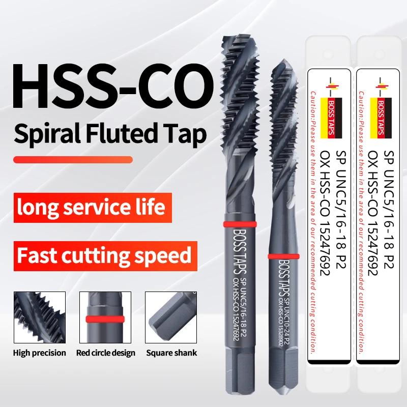 BOSS TAPS HSS-CO Red Ring JIS Standard With OX Spiral Fluted Tap UNC UNF 2-56 4-40 6-32 8-32 10-24 1/4 Machine Screw Thread Tap