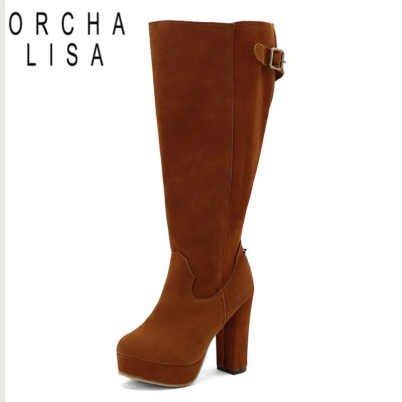 

ORCHA LISA 2025 Female Knee High Boots Round Toe Block Heels 11cm Platform 3cm Zipper Flock Suede Big Size 46 47 48 Dating Bota