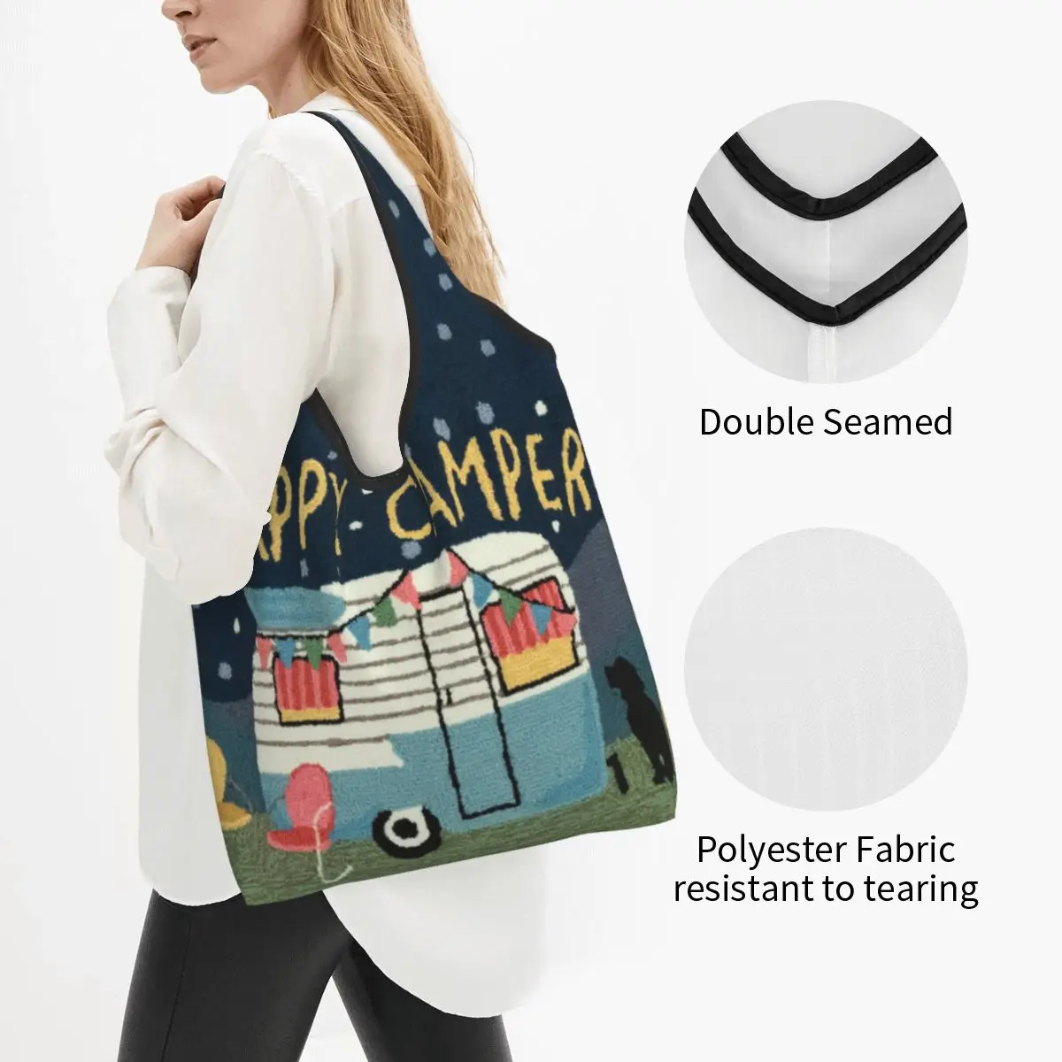 Kawaii Printed Adventure Travel Happy Campers Tote Shopping Bags Portable Shoulder Shopper Cartoon RV Camping Handbag