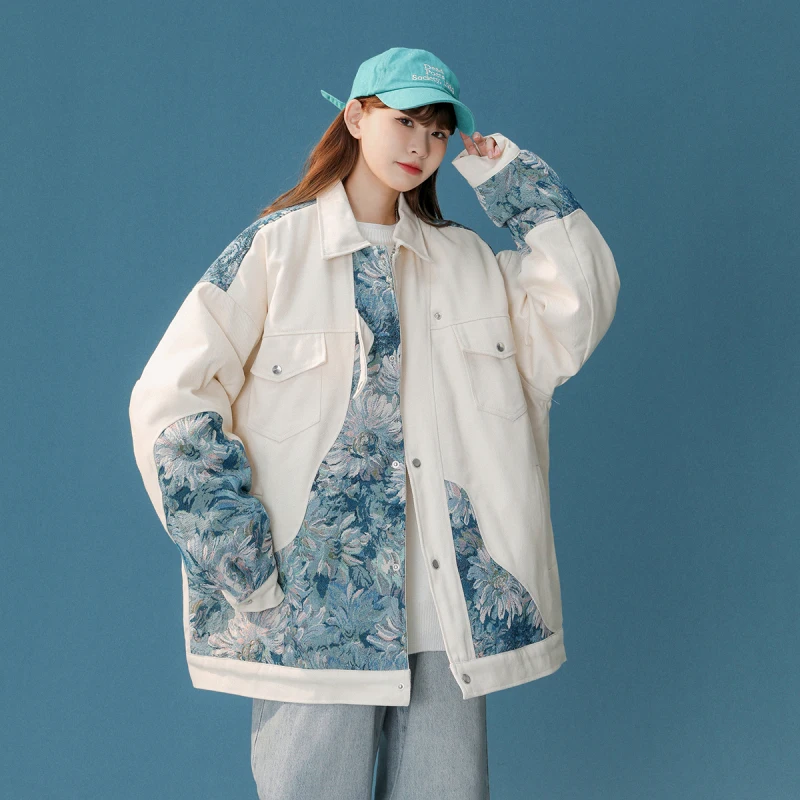 Lässige Blumen stickerei Jacke Frauen Frühling Herbst Streetwear Mode Patchwork lose Langarm bemalte Mäntel Frauen