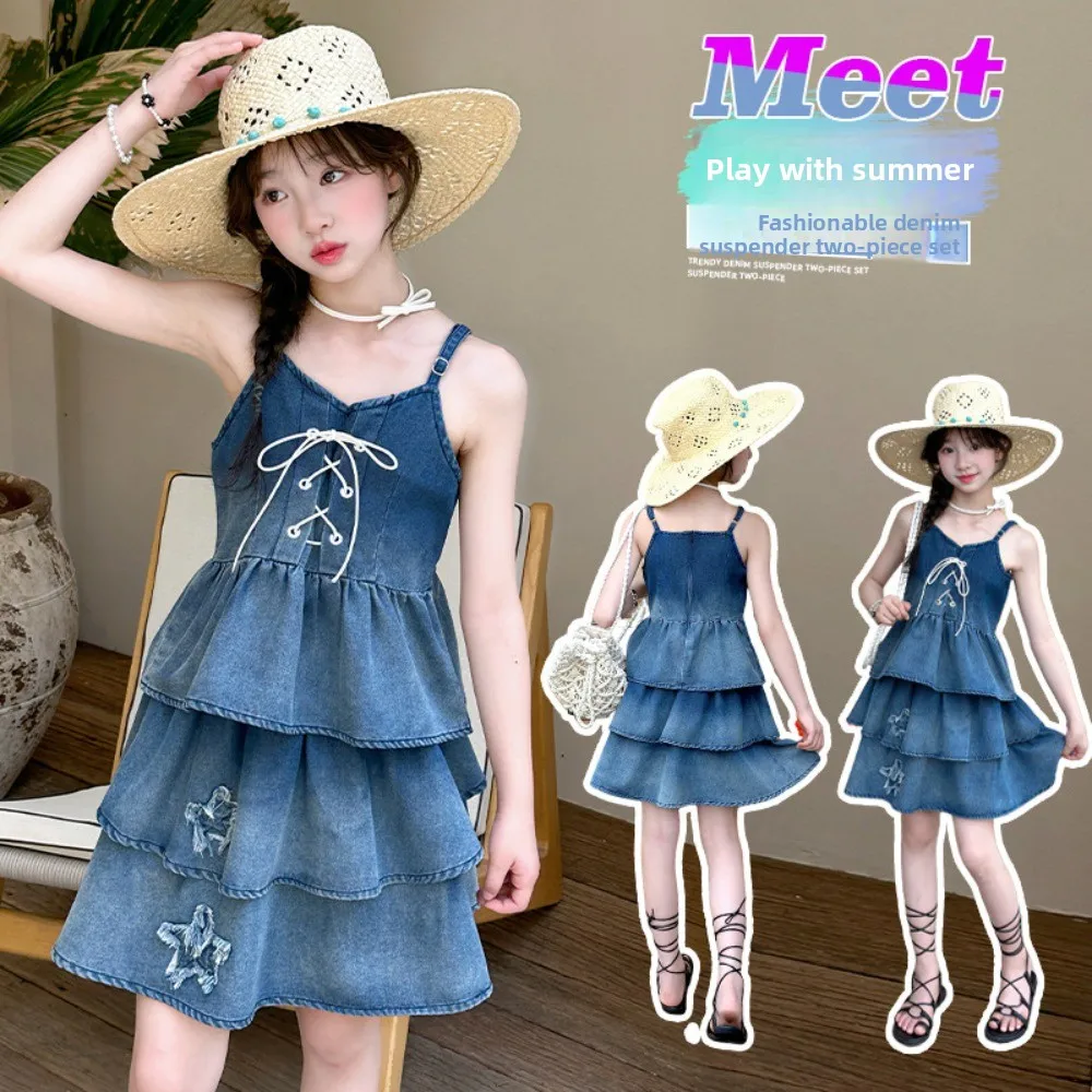 

Sleeveless Children Denim Strap Skirt Princess Holiday Girls Cowboy Dress Casual Gradient Ruffled Gradient Puff Dress Outdoor