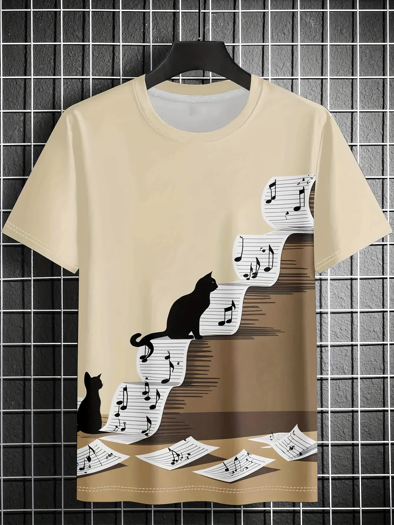 kawaii style cute cartoon cat Print Men's Graphic T-shirt Casual Tees For Summer Mens Clothing Slight Stretch Polyester Fabric