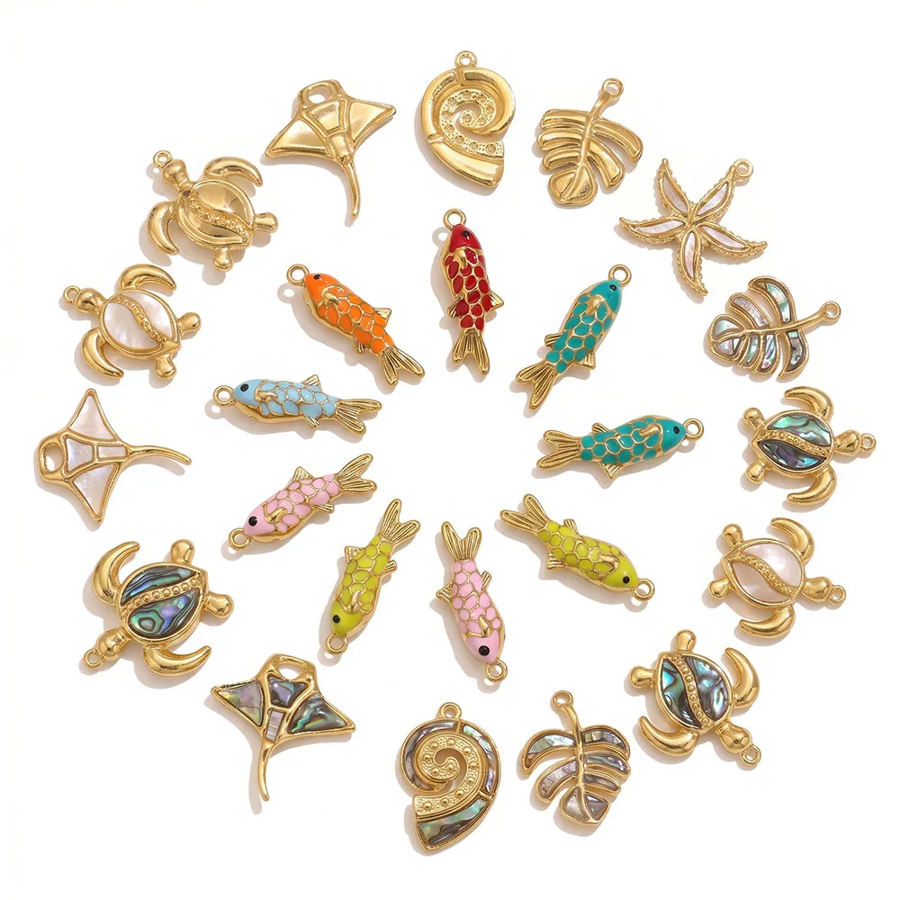 2 Breloques Émail Animaux Marins (Tortue, Poisson, Étoile de Mer, Raie) pour Fabrication de Bijoux DIY, Boucles d'Oreilles Femme, Fournitures de Bijouterie, Vente en Gros
