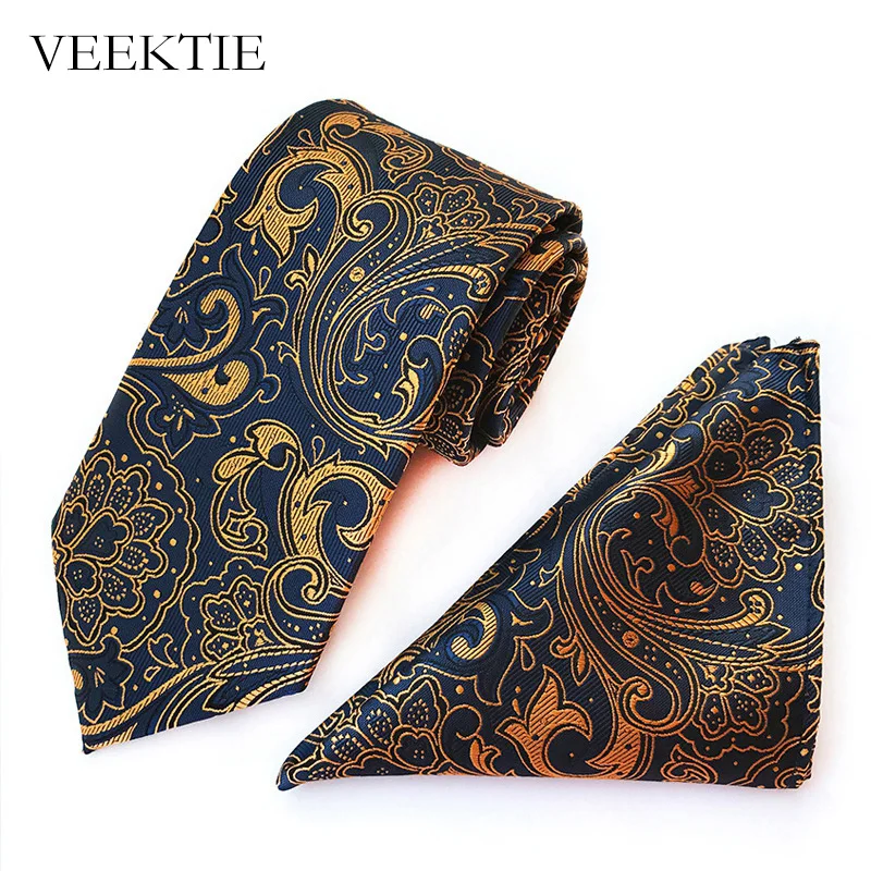 VEEKTIE Brand Neckties Pocket Square Set For Men Classic Hand Tie 8cm Paisley Formal Business Suit Jacquard Pattern Striped Gray