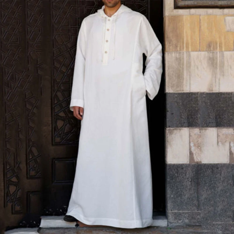 Abbigliamento islamico Manica lunga da uomo Allentato Uomo musulmano Arabia Saudita Pakistan Kurta Costumi musulmani Abito musulmano Caftano Thobe Con cappuccio
