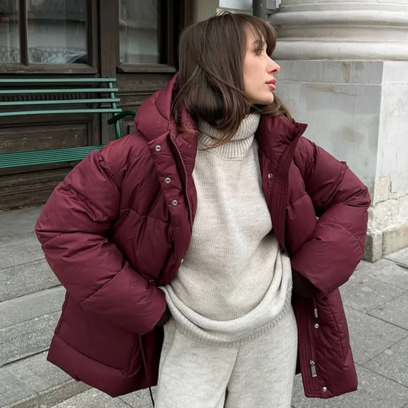 

Burgundy Hooded Cotton European and American Style 2025 Winter Lace-up Waist Zipper Puffer Warm Cotton Coat