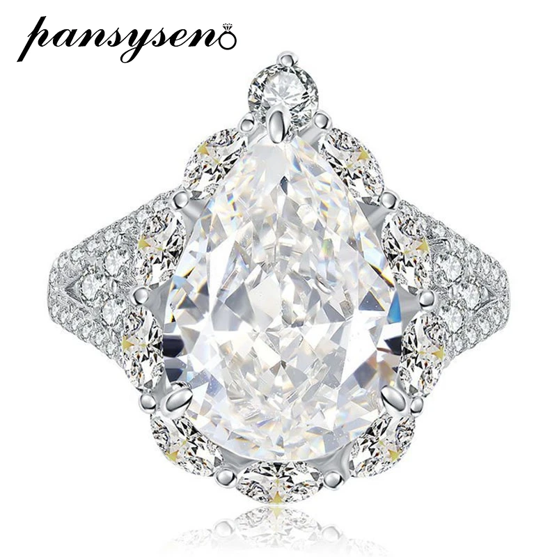 

PANSYSEN Luxury 925 Sterling Silver Crushed Ice Pear Cut 10X14MM G Color High Carbon Diamond Wedding Party Fine Jewelry Ring