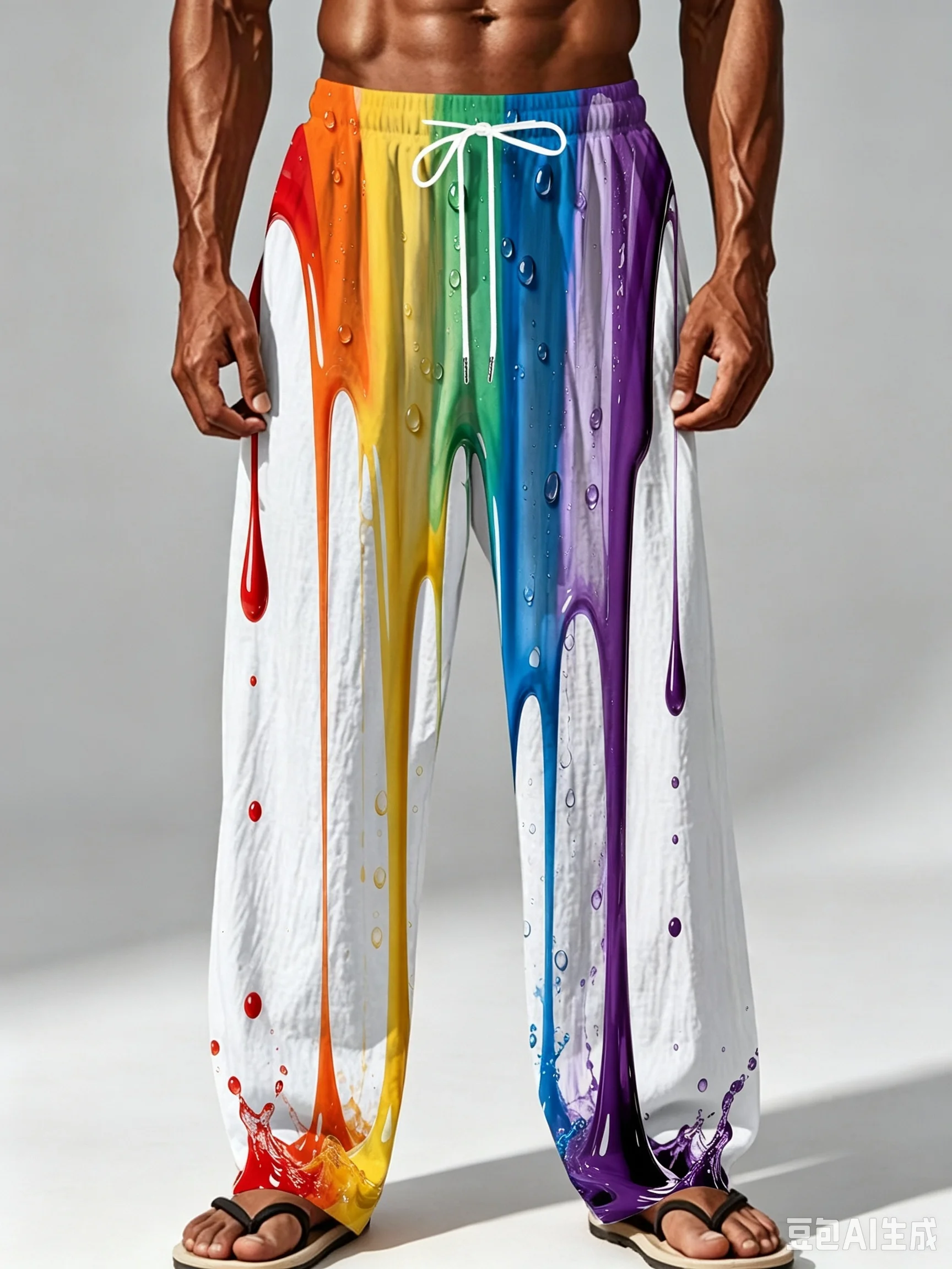 Fashionable Trend: Rainbow Gradient, Flowing Paint, Water Droplet Splash Men's Straight-leg Loose Casual Pants