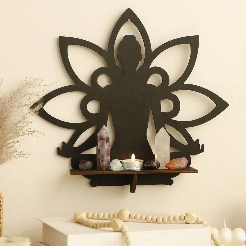 Wall Art Lotus Buddha Display Shelf Wooden Craft Black Hollow Buddha Display Stand Handmade Crystal Storage Holder Living Room