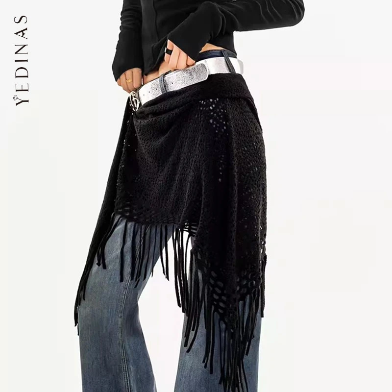 Yedinas Multifunctional Apron Skirt Women Hollow Out Match Jeans Tassel Mini Kintted All Season Fashion Trend Gothic Vintage Y2k