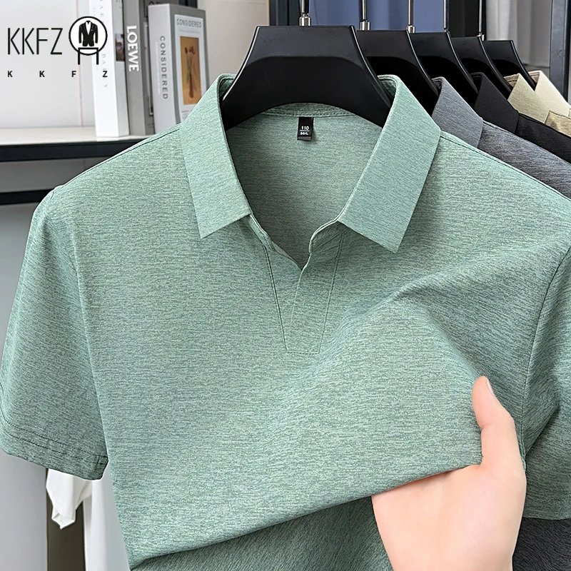 Slim fit male melange textured polo short sleeve top lapel notch neck thin breathable fabric family party training outfit