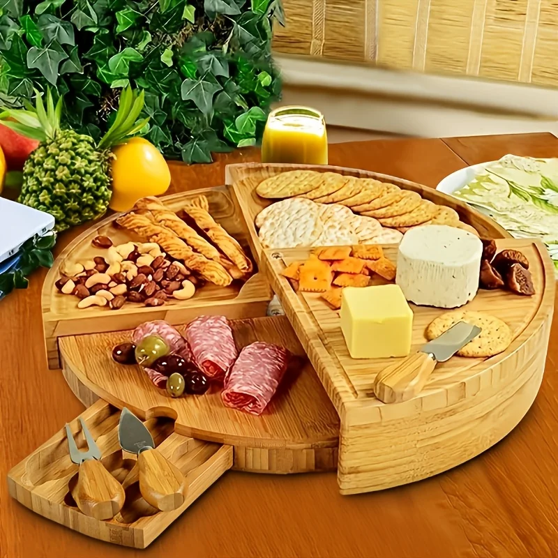 

1 Set Bamboo Drawer Cheese Knife Bread Cheese Plate Fruit Snack Platter
