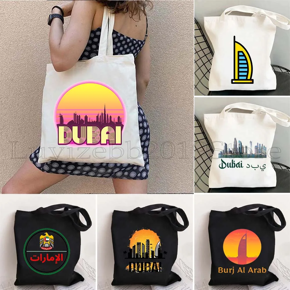 Árabes Unidos Emirati rascacielos Burj Khalifa corazón Dubai Skyline Emiratos Árabes Unidos puesta de sol palmeras bolso de mano de lona bolso de compras