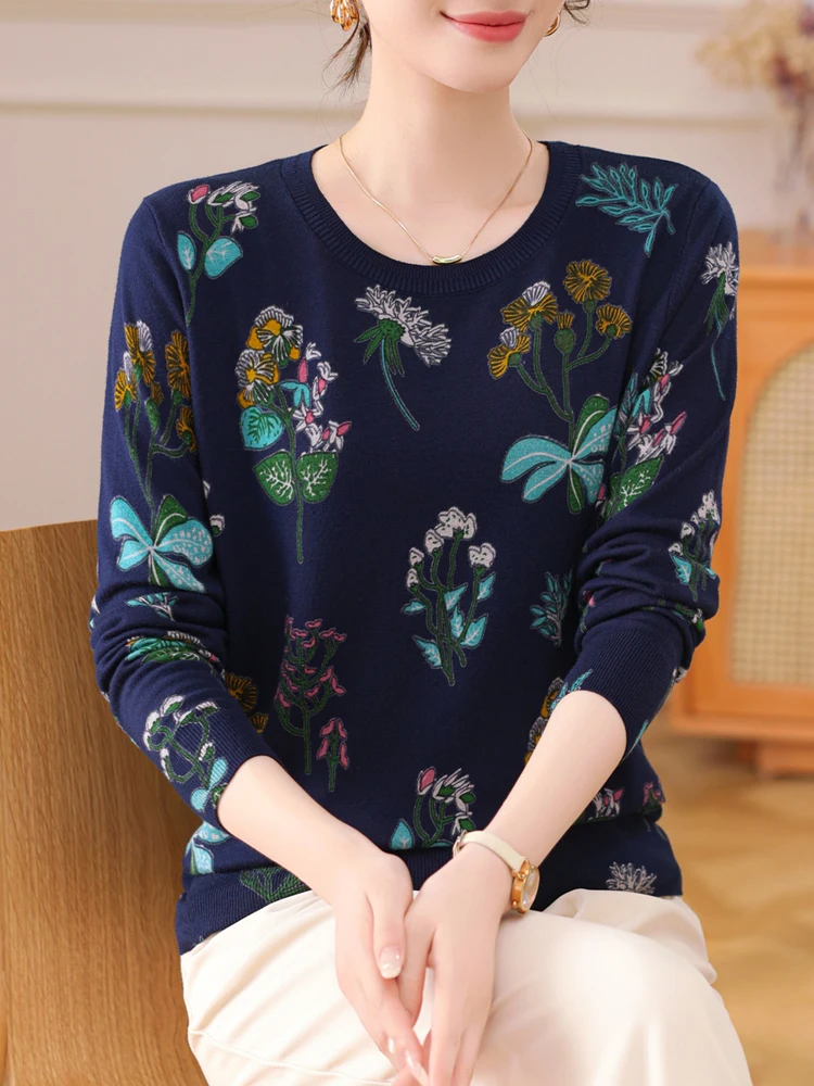 Floral Print Women\'s Sweaters Spring Autumn Thin Pullovers Long Sleeve Top Blusas Femme Soft O Neck Knitted Slim Sweater