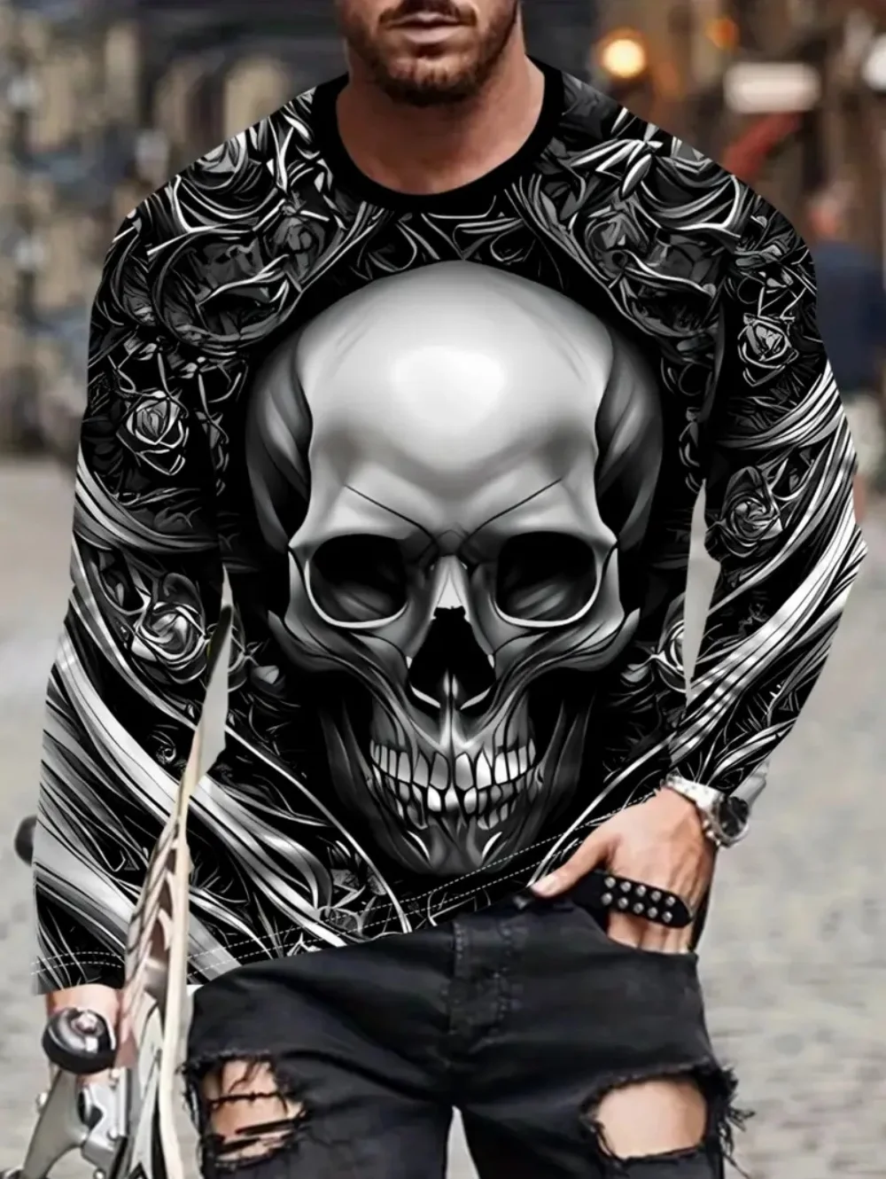 

Skeleton Skulls T-Shirt for Men Halloween Men Long Sleeve T-Shirts 3D Print Fashion Sweatshirt Breathable Streetwear Loose Tees