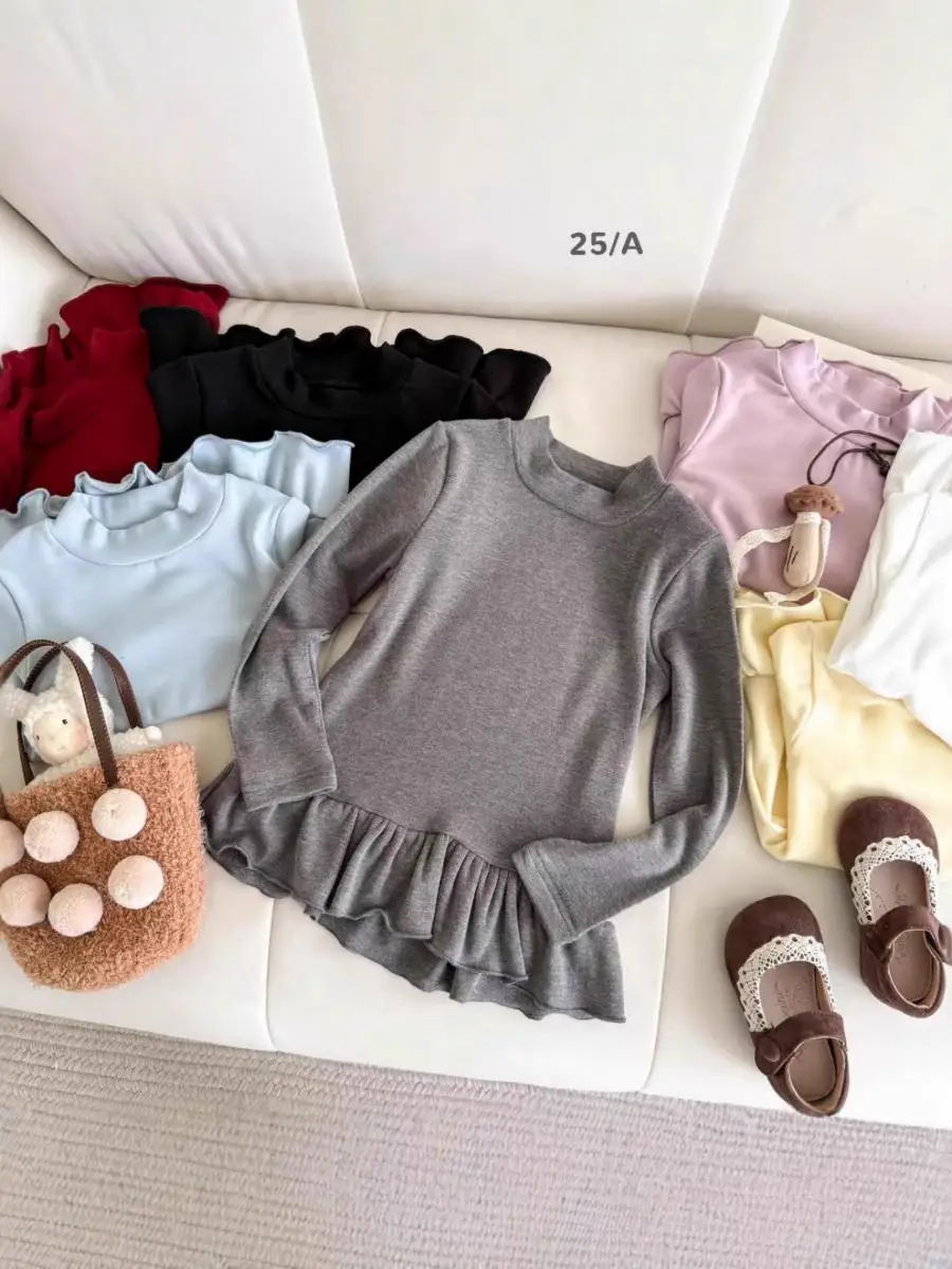 Camiseta Longa com Babados para Meninas 2025 Outono Nova Moda Versátil para Crianças