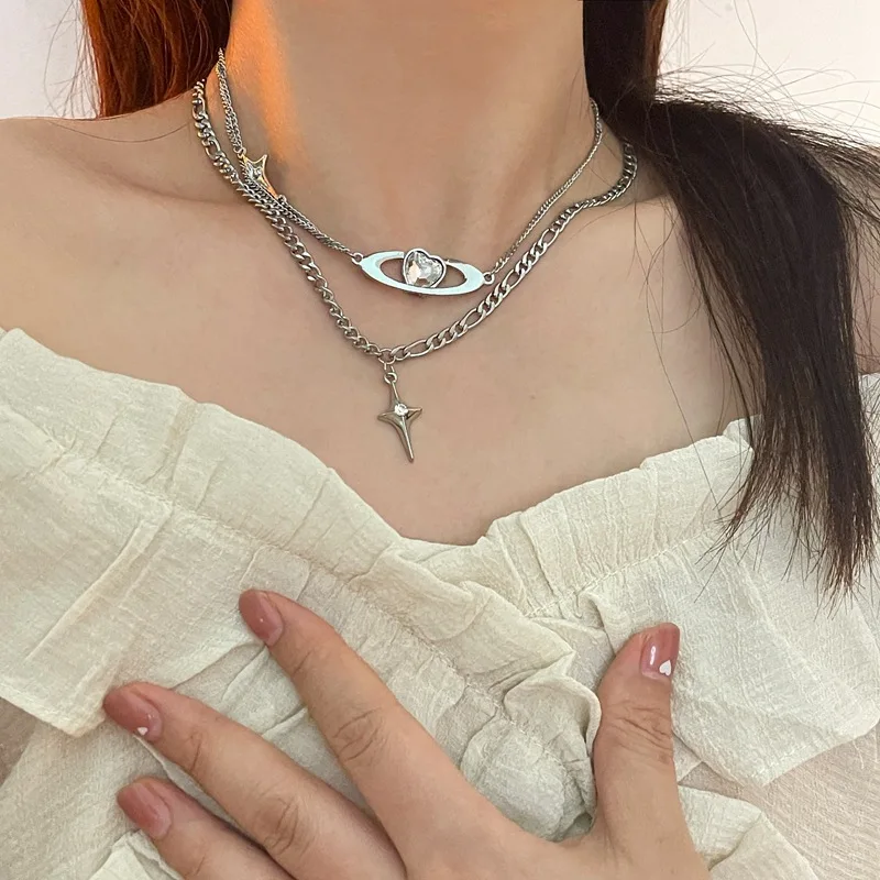 Egirl Star Cross Pendant Metal Necklace Alloy Cosmic Crystal Peach Heart Double Layer Necklace Fashion Sweet Cool Y2K Jewelry