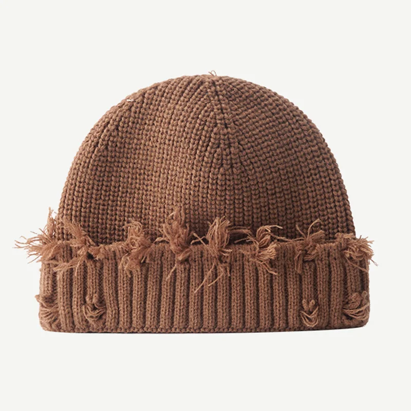 Tight Winter Cuffed Thick Beanie Ribbed Knitted Men Women Hat with Hole Hip Hop Distressed Plain Skullies Toque