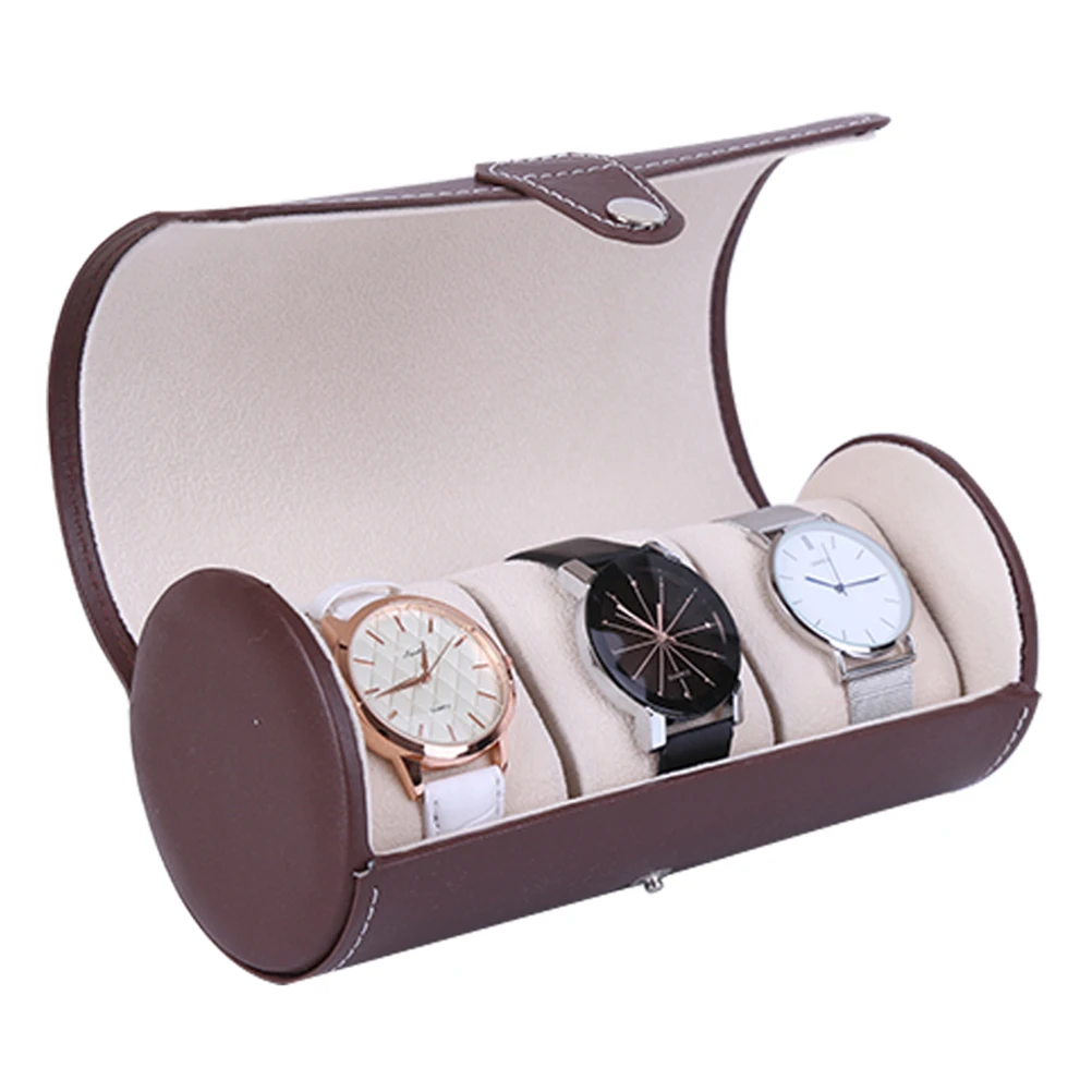 

Portable 3-Compartment Watch Box Storage Case Cylindrical PU Design for Travel Protect Against Dust Fingerprints