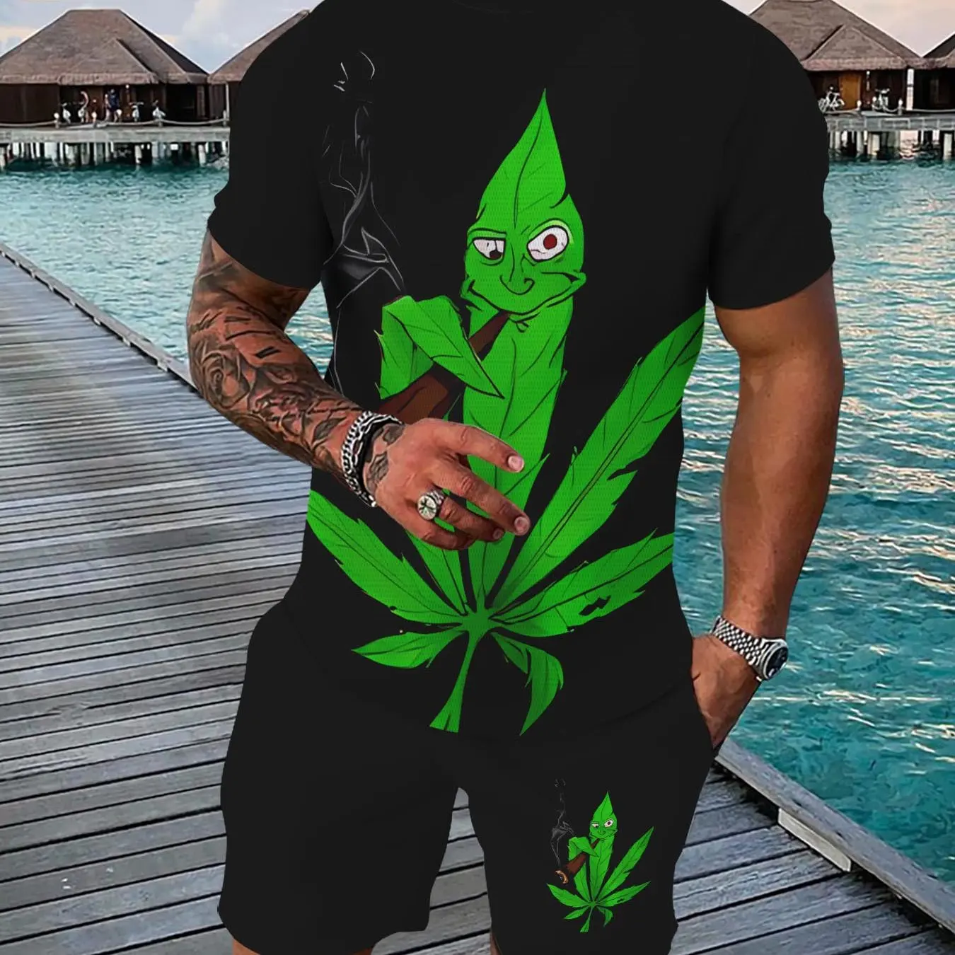 

2025 summer hot-selling cartoon pattern printing men's short-sleeved shorts set breathable and quick-drying men's T-shirt set