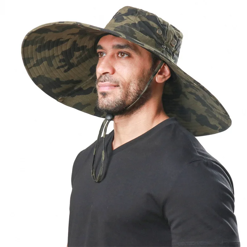 100% Cotton Camouflage Bucket Hat 16CM Large Wide Brim Sun Hat Camping Hiking Mesh Breathable Anti UV Fishing Hats for Men Women