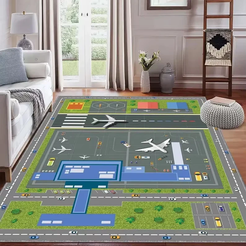 VVIKAMA Cartoon Airport Educational Game Floor Rug, Play Mat for Nurseries, Children's Rooms, and Play Areas, Home Decor